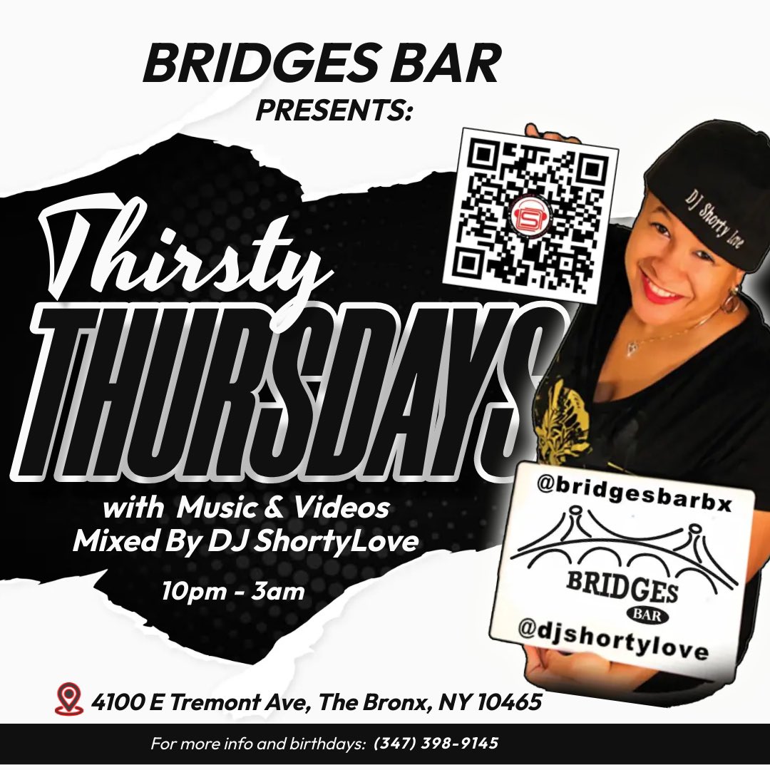 Starting Tonight and every Thursday at Bridges Bar I will be in the music video mix from 10pm-3am at Bridges Bar. <a href="/BridgesBarBx/">Bridges Bar</a>  4100 East Tremont Avenue. Come have a good time!