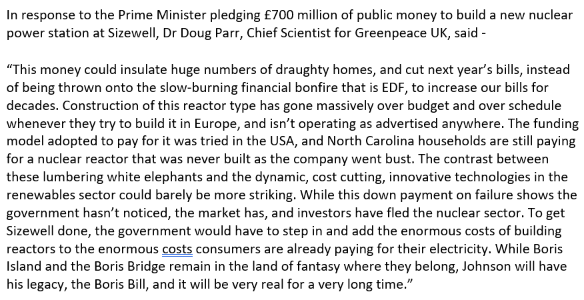 Greenpeace UK response to the announcement by Boris Johnson on £700mn for proposed Sizewell C #nuclear plant