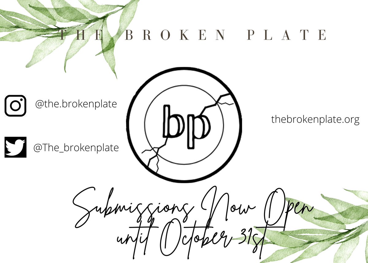The_BrokenPlate's tweet image. Hello everyone! Submissions for #TheBrokenPlate2023 are now open. We are currently accepting the following: fiction, nonfiction, poetry, drama/screenplay writing, comics, hybrid forms, and artwork. Finalize your works and make sure to submit them at: thebrokenplate.submittable.com/submit.