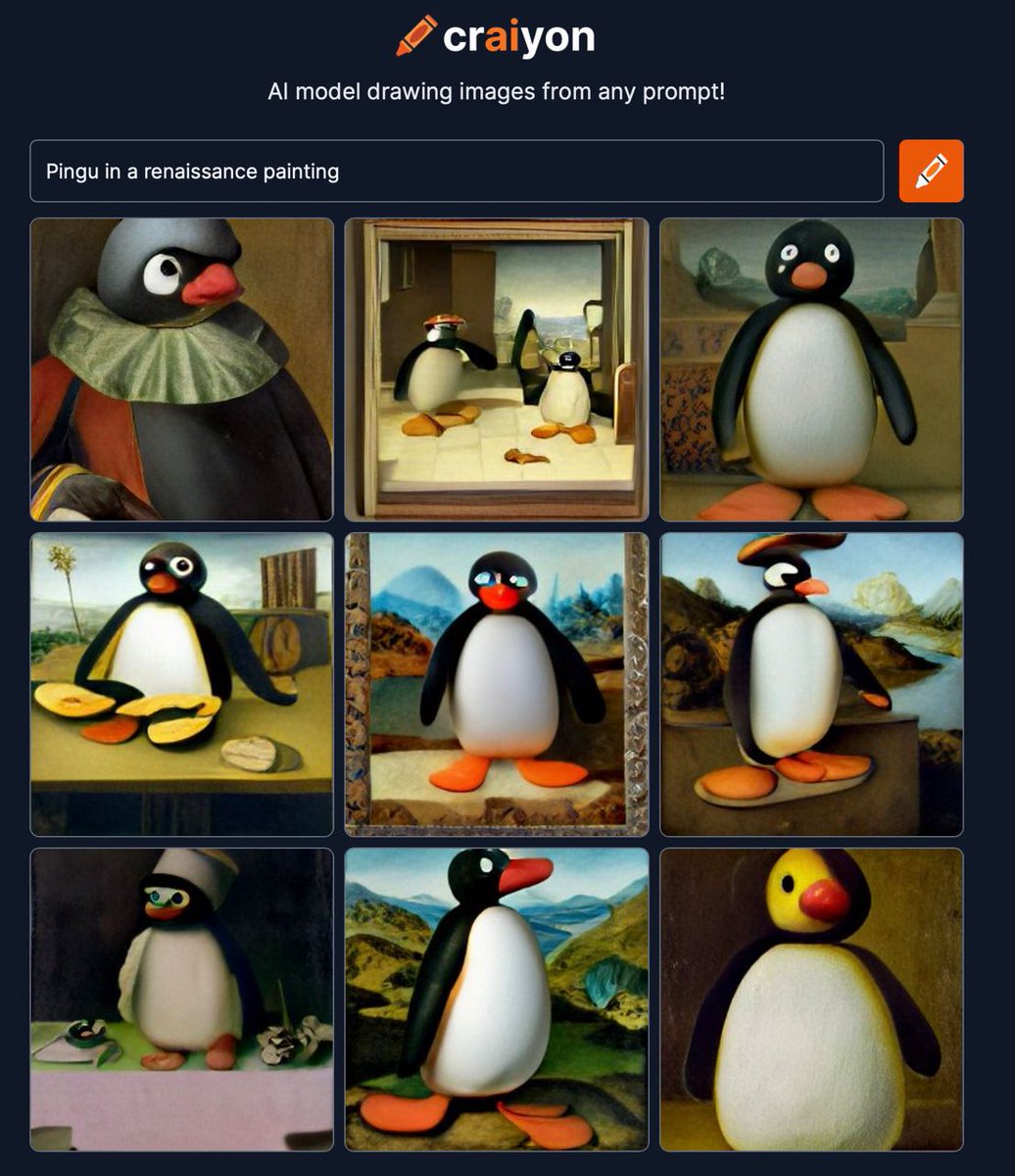 ReiNOOTsance

#craiyon #art #ai #nootnoot #pingu #medici #painting #painter #museum #davinci #renaissance #dallemini #dalle

<a href="/craiyonAI/">🖍Craiyon</a>