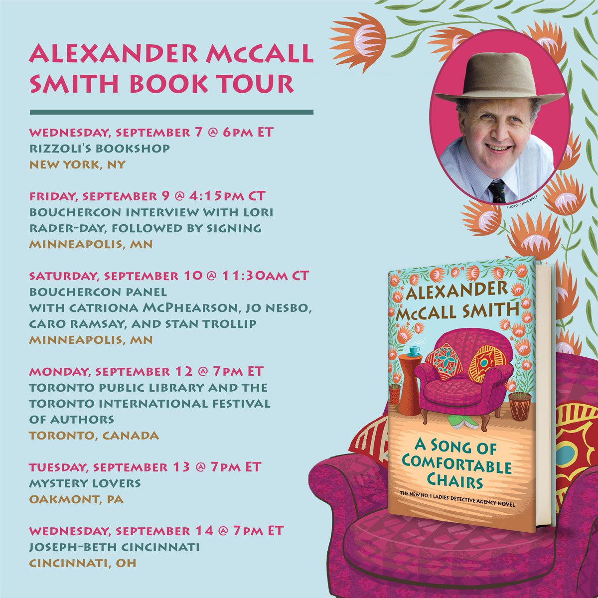 🥳Calling all @McCallSmith fans!🥳 Alexander is travelling to events across the pond for the first time in three years. Book now for your chance to see him in person. alexandermccallsmith.com/category/events