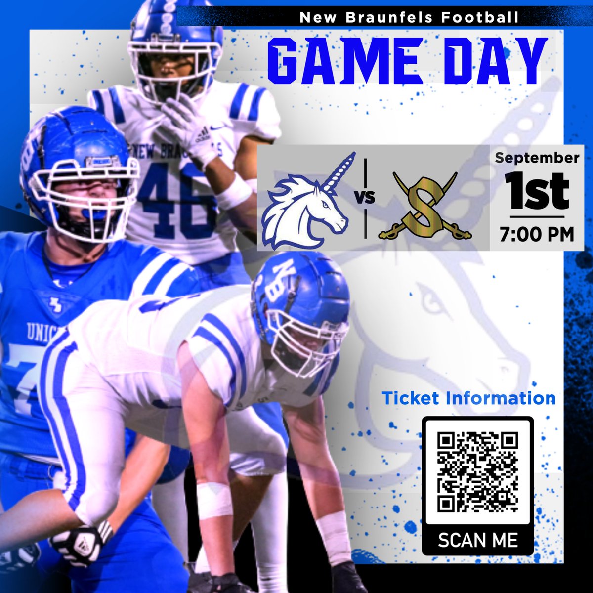 🚨🚨GAMEDAY🚨🚨
🏟- Unicorn Stadium
🗓 - Thursday, September 1st, 2022
🕖 - 7:10 PM
📺 - Watch on CW 35 
#FearTheHorn
#SWARM
<a href="/NewBraunfelsISD/">New Braunfels ISD</a>
<a href="/NBISDAthletics/">NBUnicornAthletics</a>
