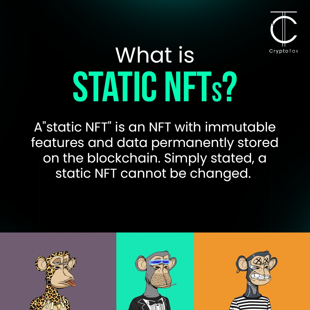cryptotax_int's tweet photo. NFTs have taken the world by storm.
The latest advancement in the digital asset space is dynamic NFTs.
Dynamic NFTs are a step up from the static and unchanging digital assets we've become familiar with.
#cryptotaxation #cryptotax #nft #staticnft #dynamic #staticvsdynamic https://t.co/AqMCytrHjb