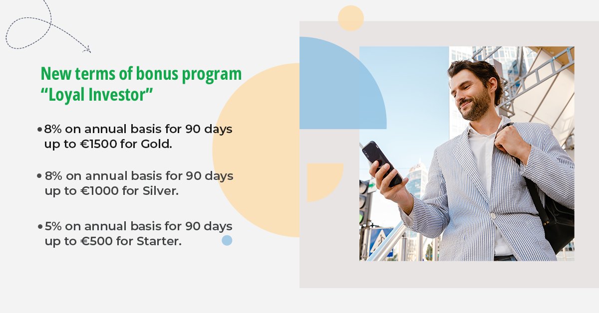 GroupIuvo's tweet photo. Iuvo presents you the new terms of bonus program “Loyal Investor”, valid for the period 01.09-31.10.2022. The program gives you the opportunity to get up to €1500 bonus. Find out how here: https://t.co/ze8Z1BrlHq https://t.co/IcVthwRpsg
