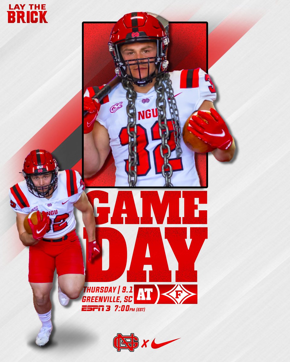 NGUFootball1's tweet photo. The wait is officially over…𝕴𝖙'𝖘 𝕲𝖆𝖒𝖊𝖉𝖆𝖞

🆚 Furman University 
⌚️ 7:00 PM
🏟 Paladin Stadium 
📍 Greenville, SC
📺 https://t.co/8h6MBq9jKT
📊 https://t.co/7kCoMl2MBw

#LayTheBrick | #2TheVill3 https://t.co/w2GIE7xLAc