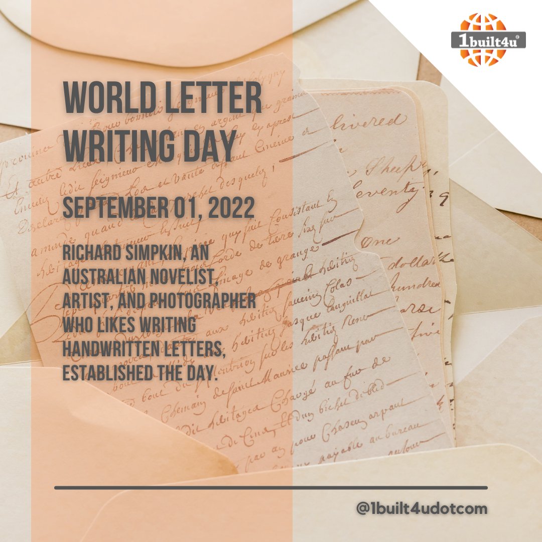 1built4udotcom's tweet photo. World Letter Writing Day
September 01, 2022
.
.
Write a note to a friend or family member to mark the occasion. They will almost likely respond to you in writing as well!
.
.
#1built4u #1built4udotcom #worldwide #letterday #writing #writeletters #lovedones #exchangeofthoughts https://t.co/JyjwvWHtU7