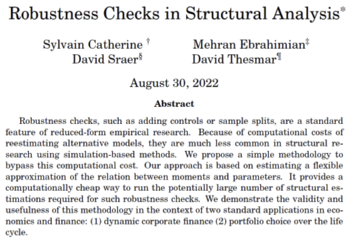 Sylvain Catherine (@sc_cath) on Twitter photo 🧪New Working Paper🧵
with <a href="/MehranE6790/">Mehran Ebrahimian</a>, @DSraer, <a href="/dthesmar/">David Thesmar</a>
1⃣ We propose a simple inexpensive approach to better understand structural models. We apply our method to illustrate identification, robustness to moment selection and model misspecification.
dropbox.com/s/rolu4h2zn20f… 🧪New Working Paper🧵
with <a href="/MehranE6790/">Mehran Ebrahimian</a>, @DSraer, <a href="/dthesmar/">David Thesmar</a>
1⃣ We propose a simple inexpensive approach to better understand structural models. We apply our method to illustrate identification, robustness to moment selection and model misspecification.
dropbox.com/s/rolu4h2zn20f…