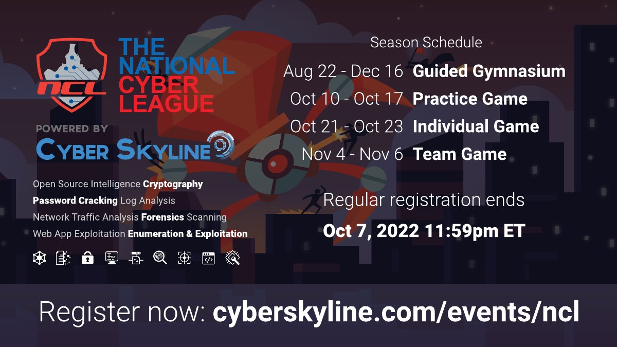 NatlCyberLeague's tweet photo. NCL Fall Season registration is open, level up your #cyber #skills, get a NCL Scouting Report to showcase your skills to employers, and have fun!
👉 https://t.co/vQQqip6kkx

Content ranges from beginner friendly to challenging for advanced players! 💪

#infosec #ctf #student https://t.co/cwNh0vdihK