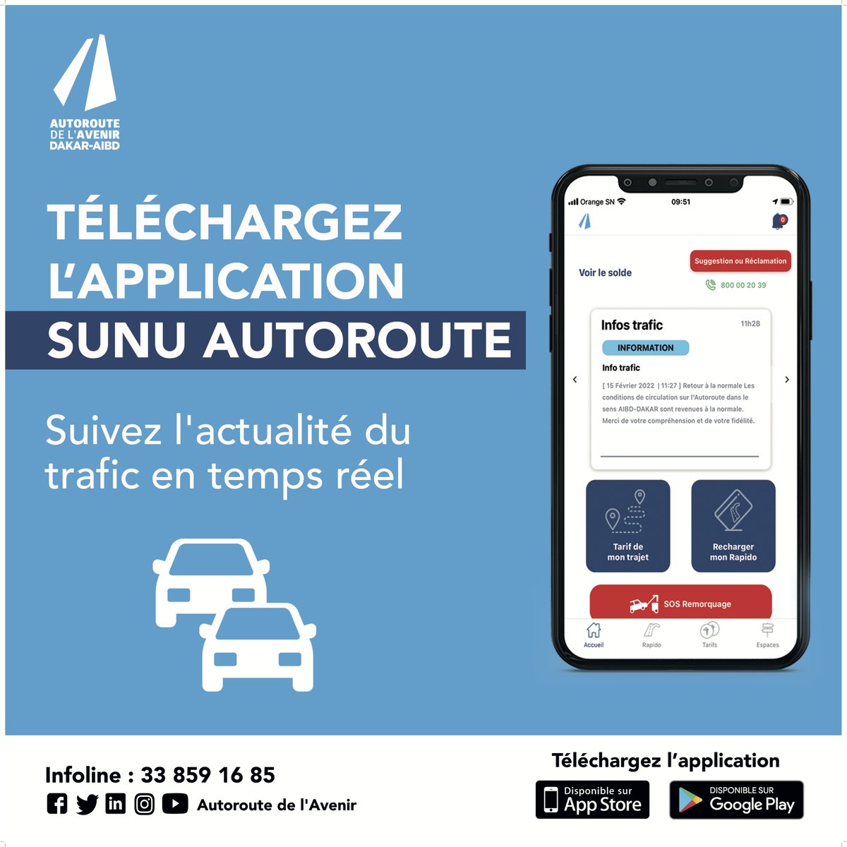 autorouteavenir's tweet photo. Grâce à notre application 📲Sunu Autoroute, vous êtes informés en temps réel sur l'état du trafic grâce à nos notifications ! 

Téléchrargez-le ici : 
👉🏽Apple store : https://t.co/1EaopVBPUF
👉🏽Google Play : https://t.co/IT4jj3kpvT

#application #sunuautoroute #mobileapp #customer https://t.co/oFdTvFdvDH