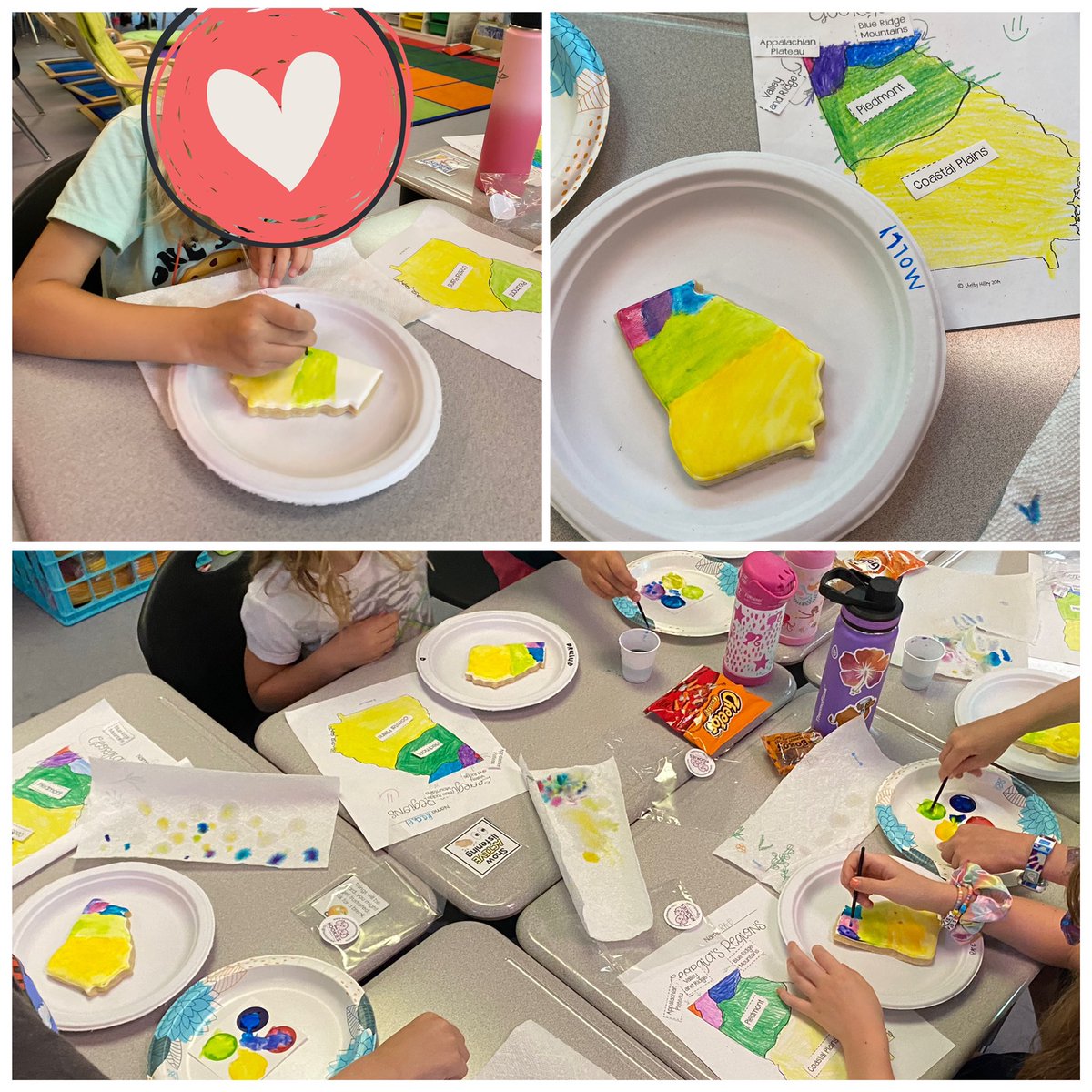 DaniFSUteacher's tweet photo. Learning about the five regions of Georgia! I think these kiddos have mastered this standard! Cookie decorating makes learning so much fun! @Cobb_SS @KSpringsLions https://t.co/hOBFAkB541