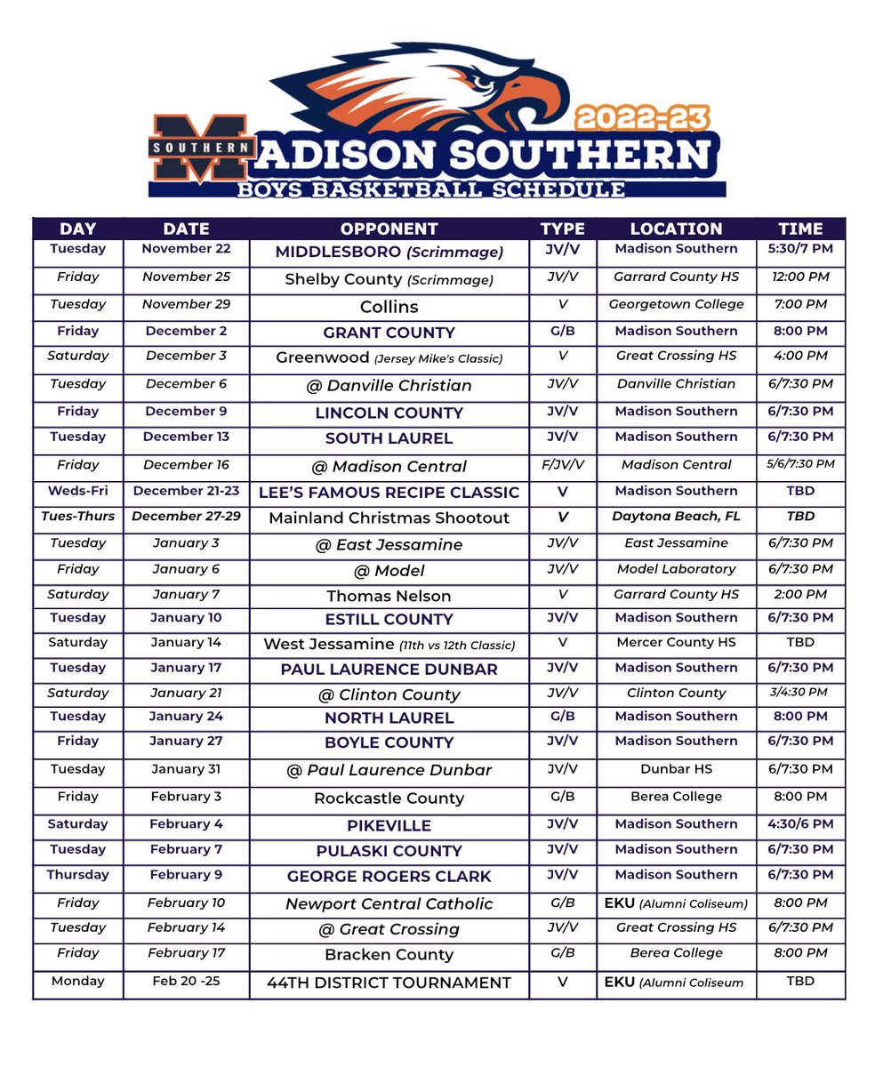 Our 2022-23 Game Schedule 
✔️ Trip to Florida ☀️ 
✔️ Lee’s Famous Recipe Classic 🐔 
✔️ Home Games Vs 4 Teams in the Sweet 16 last season, including the defending State Champs!