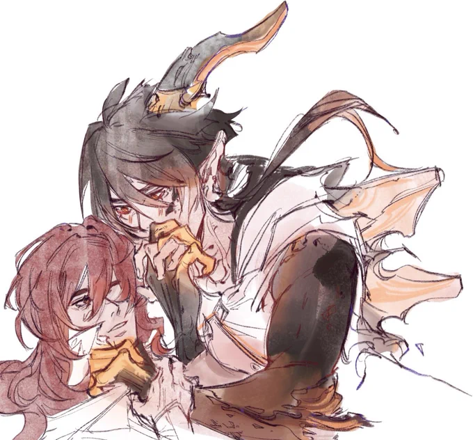 coloured in a zhongluc sketch i did on the train o(-( sorry diluc looks a little wonky 