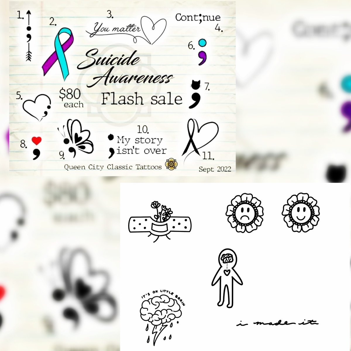 MHAWCI's tweet photo. In collaboration with Queen City Classic Tattoos for suicide prevention awareness month they are doing flash sales on the tattoos shown below. For the whole month of September. Book your appointment today!!
#mhawci #mha #mentalhealth #suicideprevention #suicidepreventionawareness https://t.co/O3jKNtSDCW