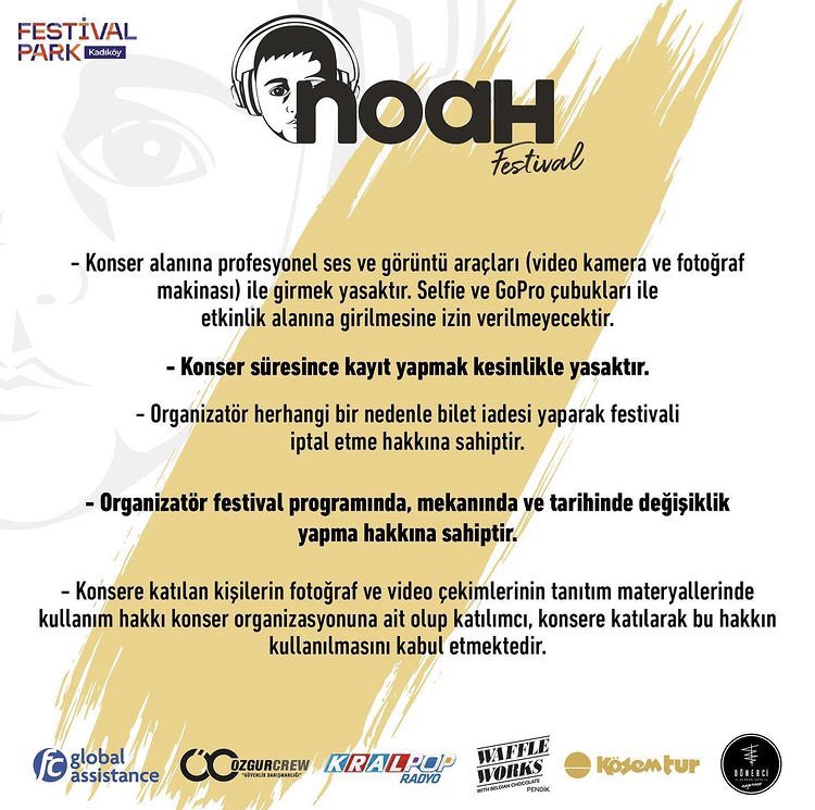 FestNoah's tweet photo. Noah Fest’te katılım için uyulması gereken kurallar görseldeki gibidir. Kurallara ek olarak eğlenceye doymayı unutmayın! ❤️

#noahfest #kadıköy #kadıköyfestival https://t.co/wfeDtH7yPL