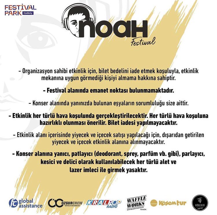 FestNoah's tweet photo. Noah Fest’te katılım için uyulması gereken kurallar görseldeki gibidir. Kurallara ek olarak eğlenceye doymayı unutmayın! ❤️

#noahfest #kadıköy #kadıköyfestival https://t.co/wfeDtH7yPL