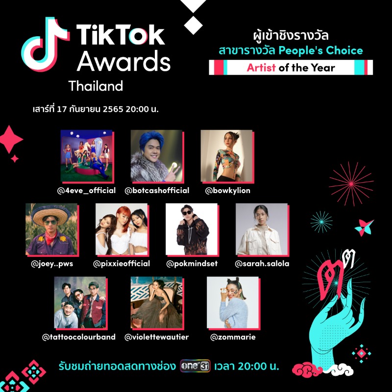 TikTokTH's tweet photo. ขอแสดงความยินดีกับครีเอเตอร์เข้าชิงรางวัล 

สาขา People's Choice #TikTokAwards2022TH✨

🏆 Artist of The Year
🏆 Celebrity of The Year
🏆 Creator of The Year
🏆 Live Streamer of The Year
🏆 Rising Star of The Year
🏆 Viral Song of The Year