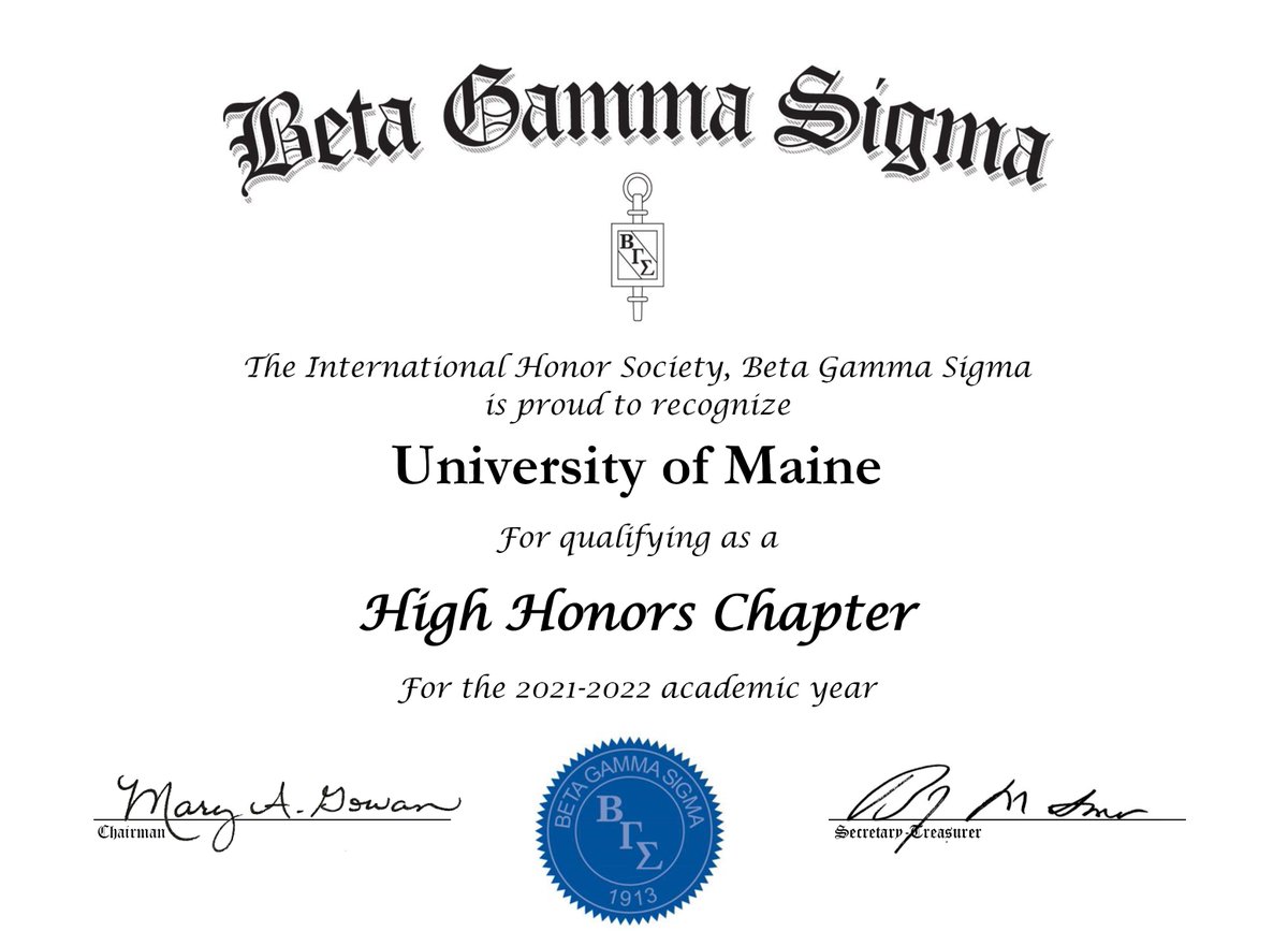 Our chapter of Beta Gamma Sigma has been awarded High Honors for the second year in a row! <a href="/BGSHonorSociety/">Beta Gamma Sigma</a> <a href="/UMaine/">University of Maine</a>