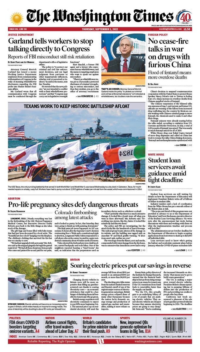 WashTimes's tweet image. On Thursday's #TWTFrontPage: Attorney General Merrick Garland has issued a memo blocking Justice Department employees from communicating with members of Congress, a new survey finds most Americans haven’t yet been persuaded to buy electric cars, and more.
washingtontimes.com/frontpage