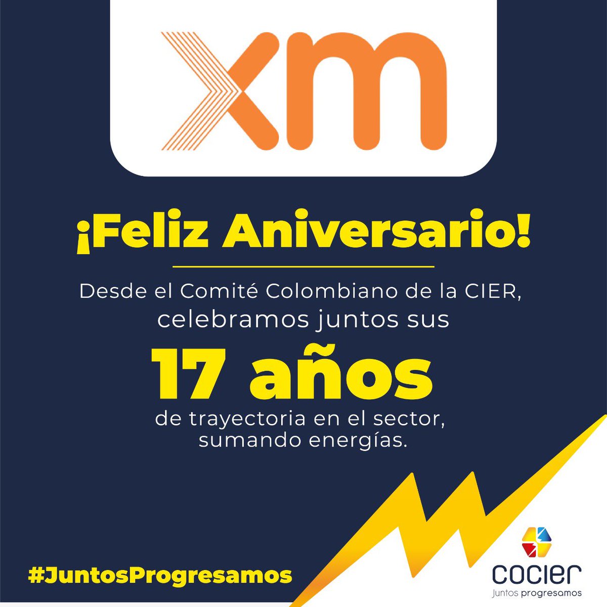 COCIER_'s tweet photo. #Aniversario | Hoy queremos felicitar y agradecer a @XM_SA_ESP porque desde el 2005 está aportando, cooperando y sirviendo al desarrollo del país ⚡️

 #SumandoEnergía #JuntosProgresamos https://t.co/49bSGJ63hn