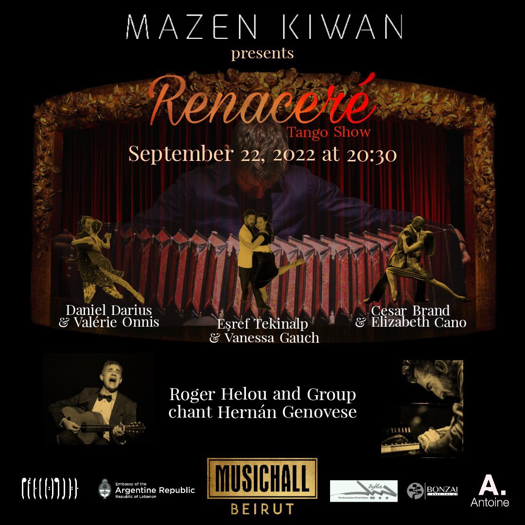 MUSICHALL BEIRUT 
Live tango performances with dancers from Argentina &amp; Europe at the MusicHall Beirut on Thursday, September 22 at 8:30pm.
Tickets are sold at Librairie Antoine.
#musichall #musichallbeirut #byelefteriades #tango #tangomusic #tangoshow 
<a href="/Antoine_Online/">Antoine Online</a>