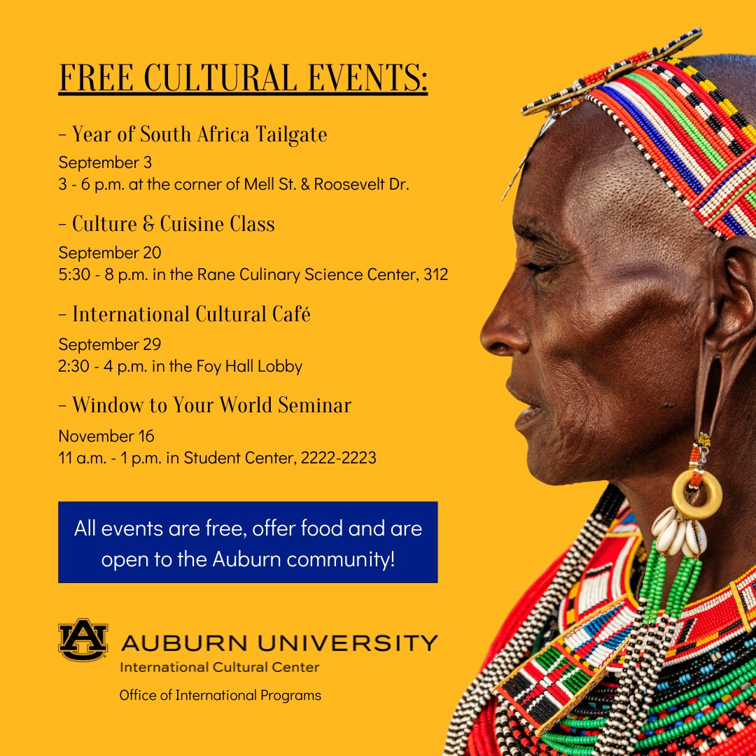 AuburnISSS's tweet photo. The AU International Cultural Center are hosting the Year of South Africa and they have some exciting events coming up this semester, including this Saturday, September 3! Join us for a Tailgate before the Auburn football game, on Spidle Hall Lawn starting at 3pm. See you there! https://t.co/HB9HHlwyvh