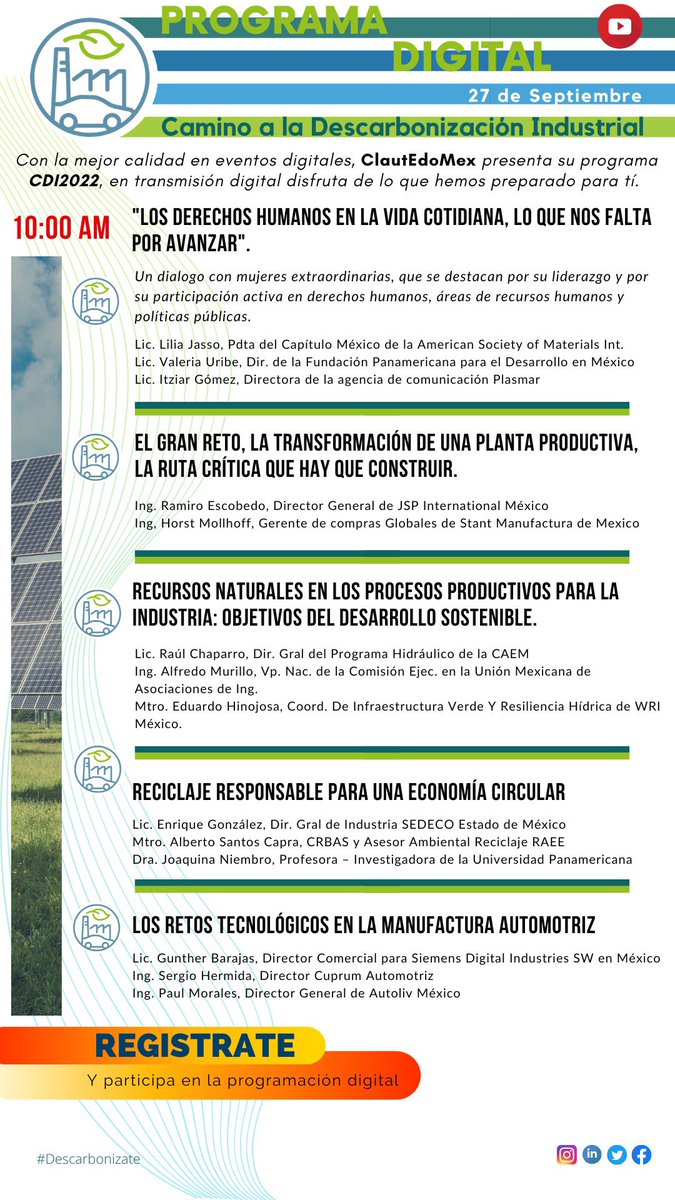 Camino a la Descarbonización Industrial 2030. El programa.
Regístrate en: cdi2030.org whatsapp: 55 5477 4680
#IndustriaAutomotriz #Sector #EconomiaCircular #IndustriaLimpia #Evento #Descarbonizate #DescarbonizacionIndustrial #CDI2030 #clautedomex