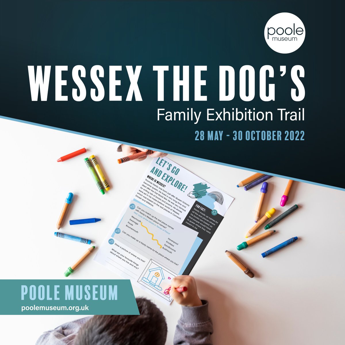 Looking for some family fun? Join Wessex the Dog on his Family Trail around our Hardy's Wessex exhibition galleries. Through a fun detective trail, look for clues in the objects, solve puzzles and draw your own sketches! Available with adult exhibition entry. #HardysWessex