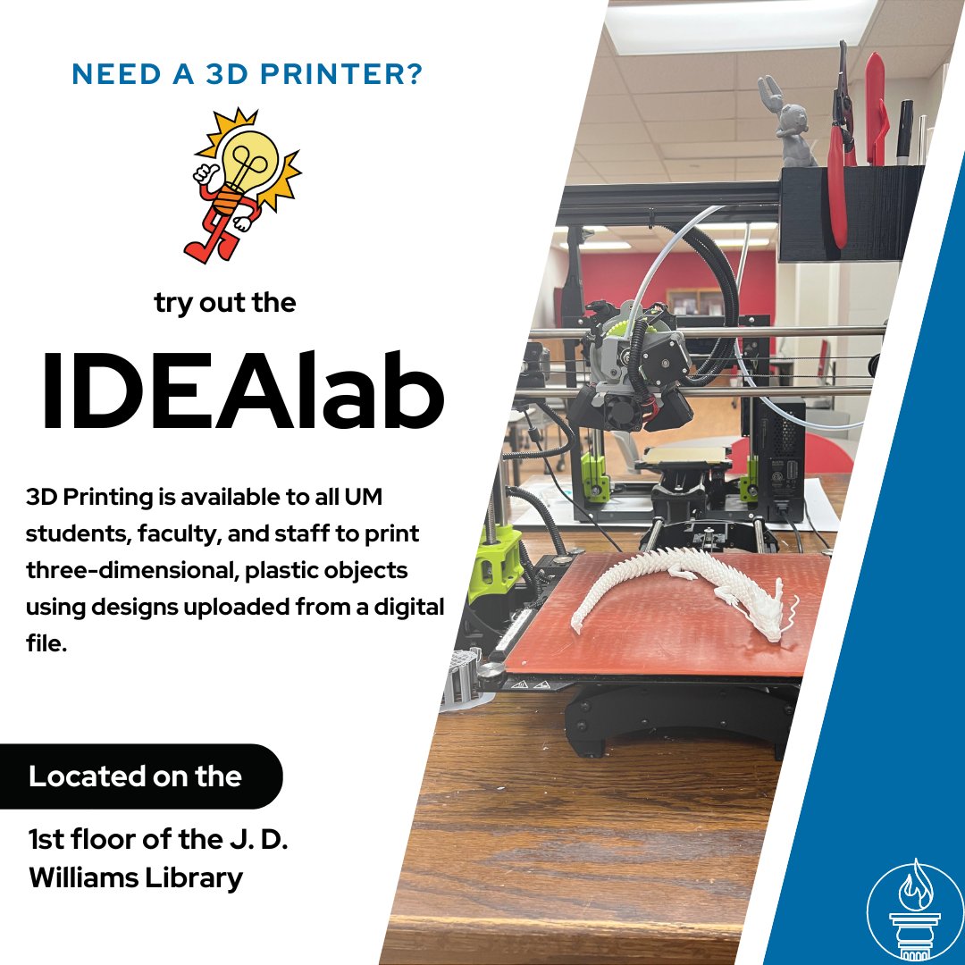 UMLibraries's tweet image. Our IDEAlab has so many awesome things to try! Stop by and try out the 3D printer! #IDEAlab #makerspace #umlibraries