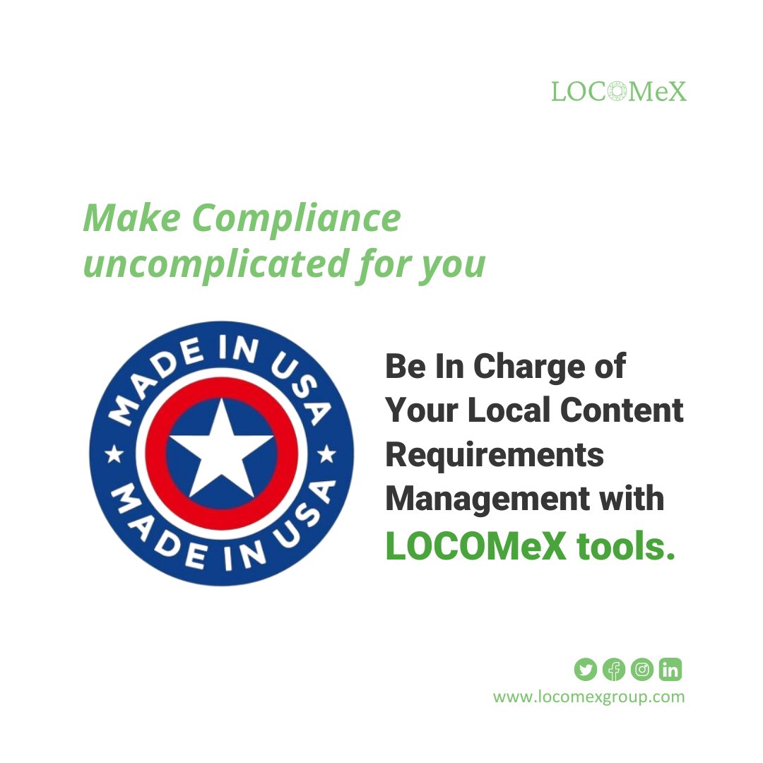 LOCOMeXGroup's tweet photo. The AI-driven #LocalContent Analytics Tool from #LOCOMeX can simplify your Local Content (BUY AMERICA) compliance needs.
Speak to Our Expert Now!
Reach us at info@locomexgroup.com
#DivedIn #ai #software #environment #ESG #CSR #sustainability #Localcontent #USA https://t.co/HcCKmGCKsN