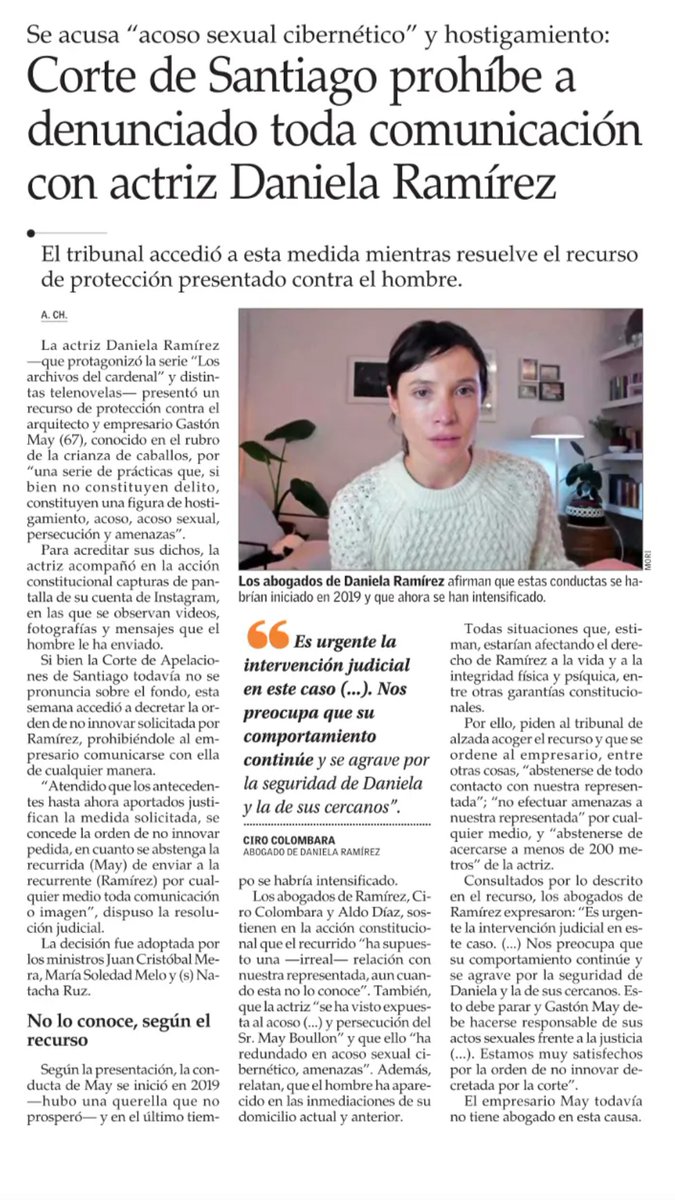 patyandraded's tweet photo. Corte de Santiago prohíbe a empresario Gastón May (67)  toda comunicación con actriz Daniela Ramírez. Se acusa "acoso sexual cibernético" y hostigamiento.

(El Mercurio) https://t.co/CSrCRzs6AC