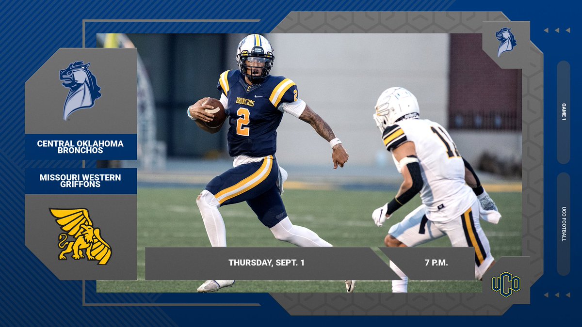 GAMEDAY! Central Oklahoma returns tonight as the Bronchos visit Missouri Western in the 2022 season opener. 

📍 St. Joseph, Mo.
⏰ 7 p.m.
🎟 bit.ly/3wLXEea
🖥 bit.ly/341ra1p
🎙 bit.ly/3pki1e4
📊 bit.ly/2Cg71Y6

<a href="/ucobronchofb/">UCO Football</a> x #RollChos