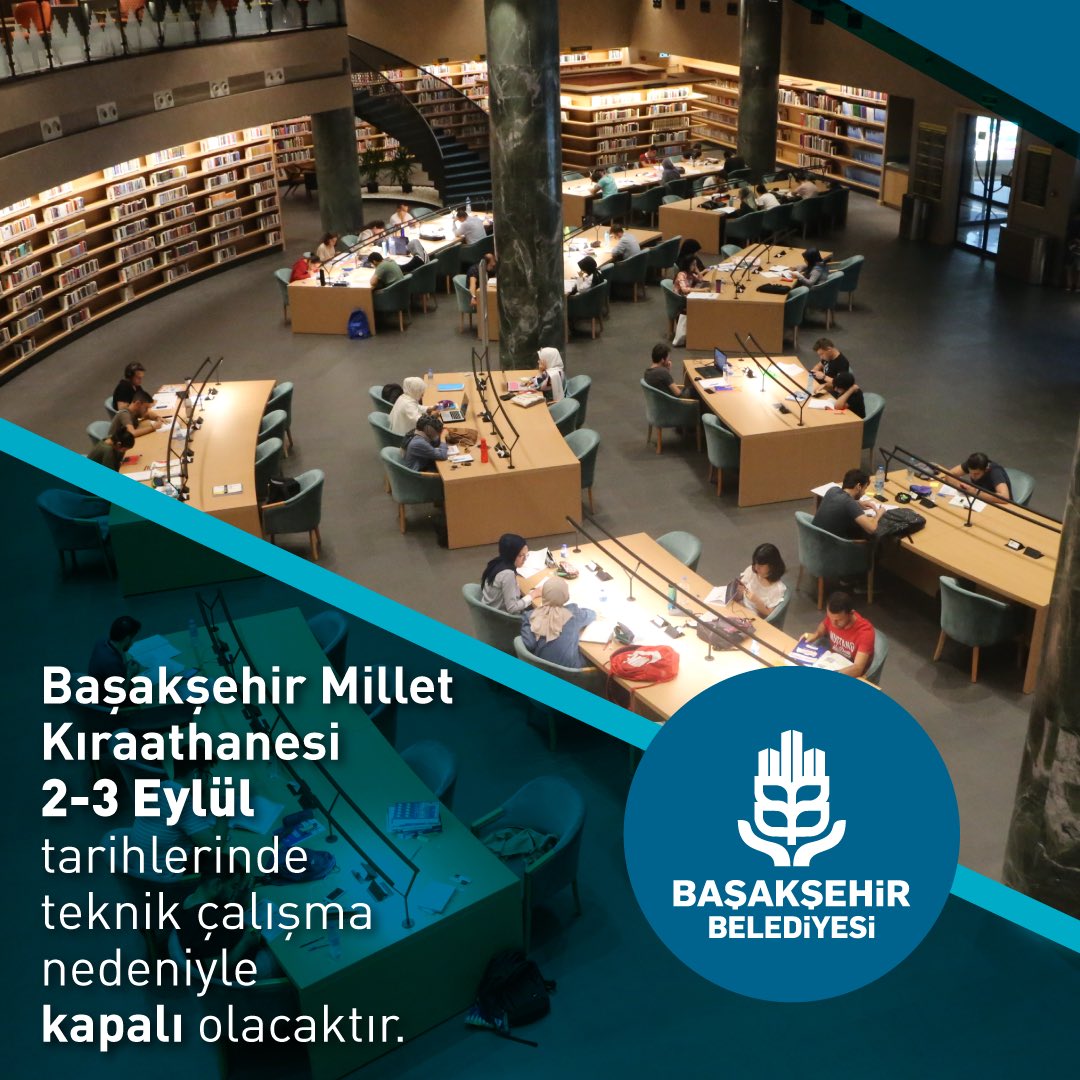 Basaksehir_Bld's tweet photo. 📢 Sevgili Komşularımız, 

İlçemizin bilgi hazinesi Başakşehir Millet Kıraathanemiz teknik bir çalışma için 2 Eylül Cuma ve 3 Eylül Cumartesi günlerinde kapalı olacaktır. https://t.co/CZmgB6uYBU