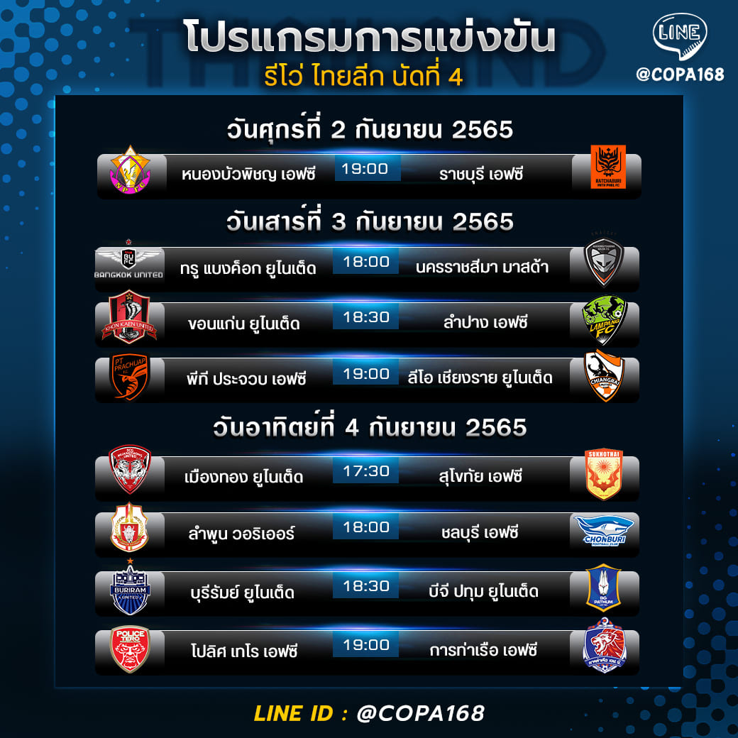 ThaiLeague168's tweet photo. #โปรแกรมการแข่งขันฟุตบอลรีโว่ไทยลีก
#Week04
#บิ๊กแมตซ์ประจำสัปดาห์ 🔥
------------------------
#RevoThaiLeague #ThaiLeague #ไทยลีก #Football #ThaiLeague #Thaileague2022 #COPA88 #COPA168 https://t.co/NoovZO6YH0