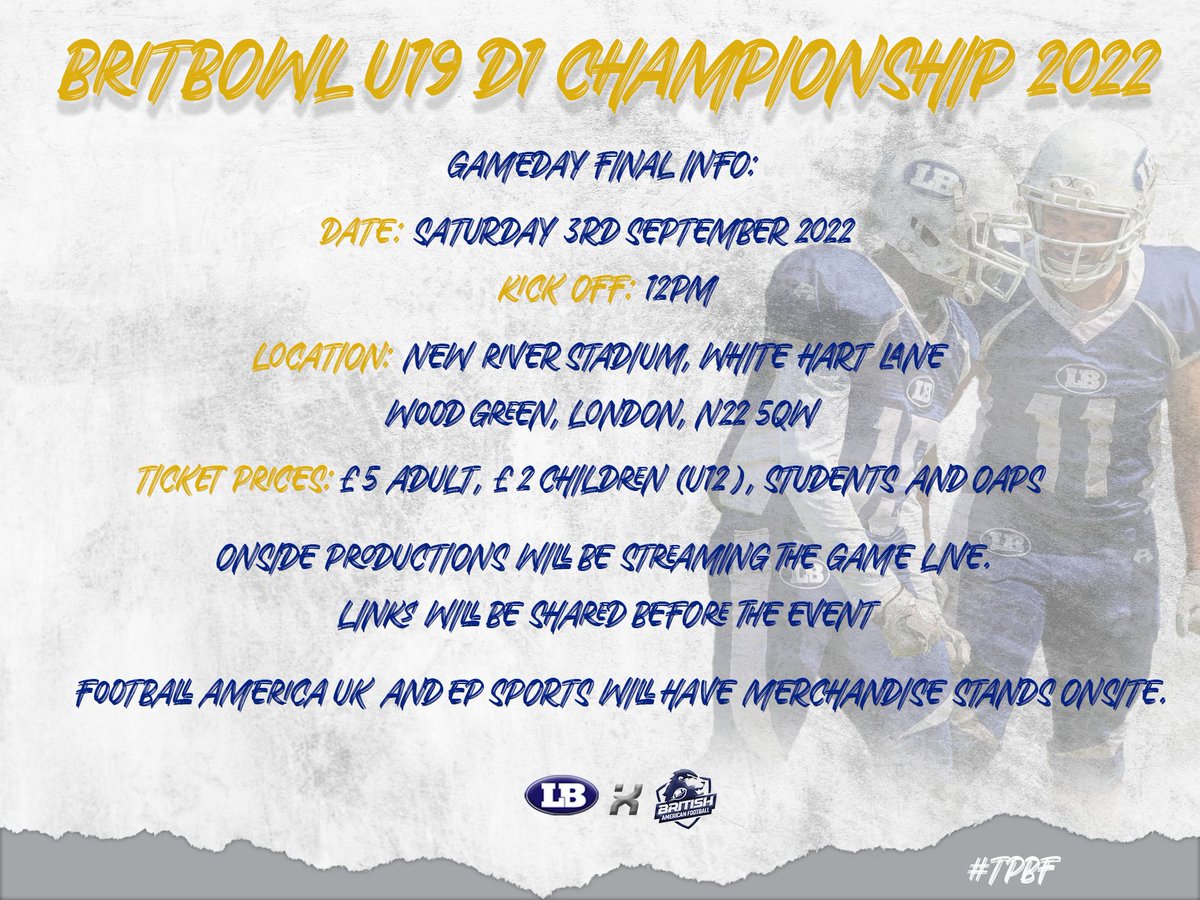 Our under-19s have made the big stage!

This coming Saturday 12 noon, 3rd September, they will be competing to bring home their 8th national title at the Britbowl U19 D1 Championship.

Get down and show your support!

New River Stadium
White Hart Lane
Wood Green
London
N22 5QW