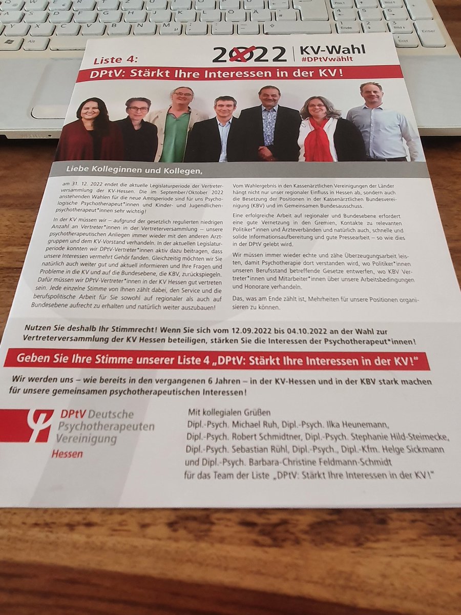 Heute dürften viele Kolleg*innen unseren Wahlflyer für die #KV #Hessen #Wahl erhalten haben. Freue mich als Teil dieser starken #DPtV Liste psychotherapeutische Interessen zu vertreten. Liste 4 DPtV: Stärkt Ihre Interessen in der KV @DPtVBund <a href="/DptvHessen/">DPtV Hessen</a>