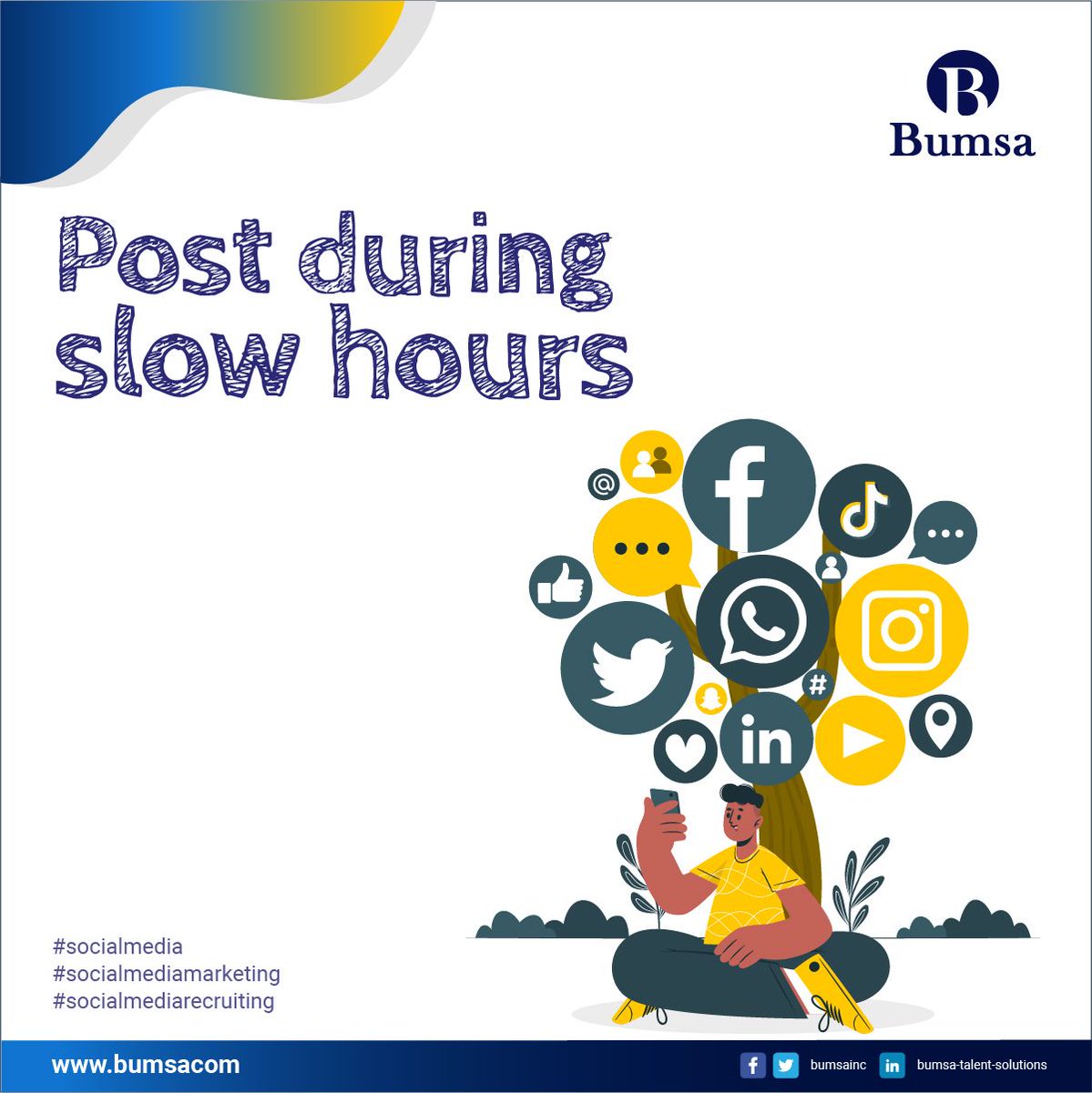 bumsainc's tweet photo. A common misconception is that you have to post during the hours when everyone is online. The only problem with that is, your post gets swept up in a tidal wave of other posts that the competition might be pushing out at the same time.

#socialmedia https://t.co/z5mHKl02f6 https://t.co/9R5pjG4YfM