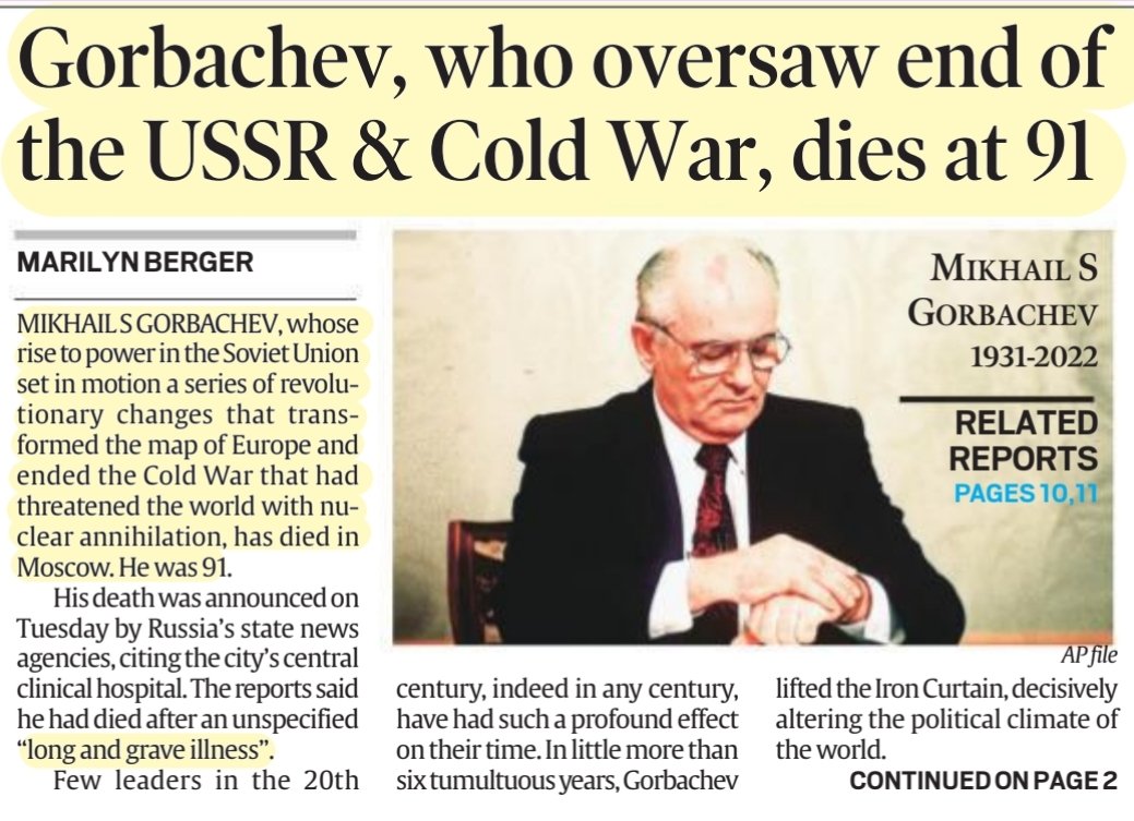 imRavikantYadav's tweet photo. #GorbachevRIP
*Gorbachev, who oversaw end of the #USSR Cold War, dies at 91
*They unfollowed the Leader
*#Gorbachev and #India
#Russia #Putin #ColdWar #MikhailGorbachev
#MikhailGorbaciov https://t.co/RNLS051XOr