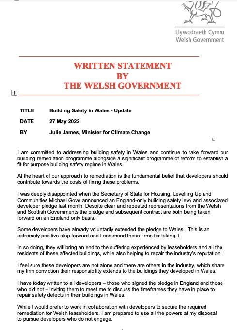 On 27 May <a href="/JulieJames/">Julie James</a> announced that some developers in Wales had agreed to remediate their defective homes. It's now September 30 - has any private leaseholder in Wales seen a developer carry out urgent works? Nothing from #Redrow except via courts!?! <a href="/DoddsJane/">Jane Dodds AS/MS 🔶🏴󠁧󠁢󠁷󠁬󠁳󠁿</a> <a href="/JFinchSaunders/">Janet E Finch-Saunders</a>