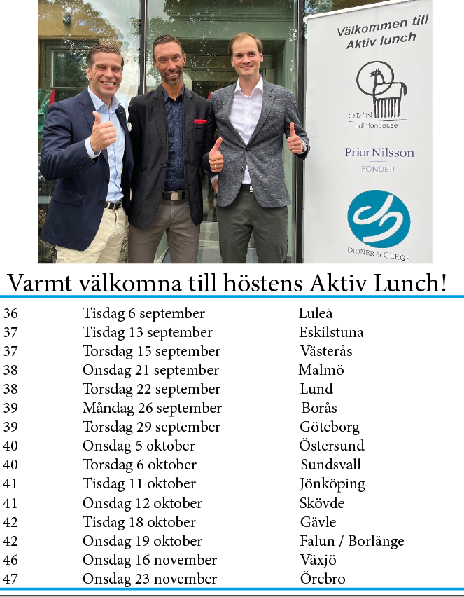 Nu kör vi igång Aktiv Lunch igen! Gårdagens lunch i Uppsala var välbesökt och Göteborg är redan fullbokat. Vi hoppas att få se många av er rådgivare, försäkringsförmedlare och kapitalförvaltare på en timmes lunch med oss, @DidnerGerge och <a href="/PNFonder/">PriorNilsson Fonder</a>, alla aktiva förvaltare.⭐️