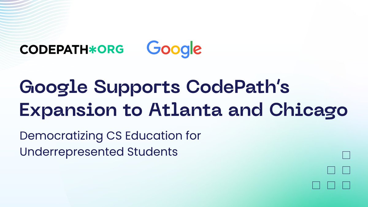 <a href="/Google/">Google</a> is funding <a href="/CodePath/">CodePath</a>’s work in Atlanta and Chicago to continue expanding opportunities to the nation’s most competitive tech roles in underrepresented communities.

Read more 👉🏽
Atlanta: go.codepath.org/GoogleAtlanta 
Chicago: go.codepath.org/GoogleChicago

#Google
#Atlanta
#Chicago