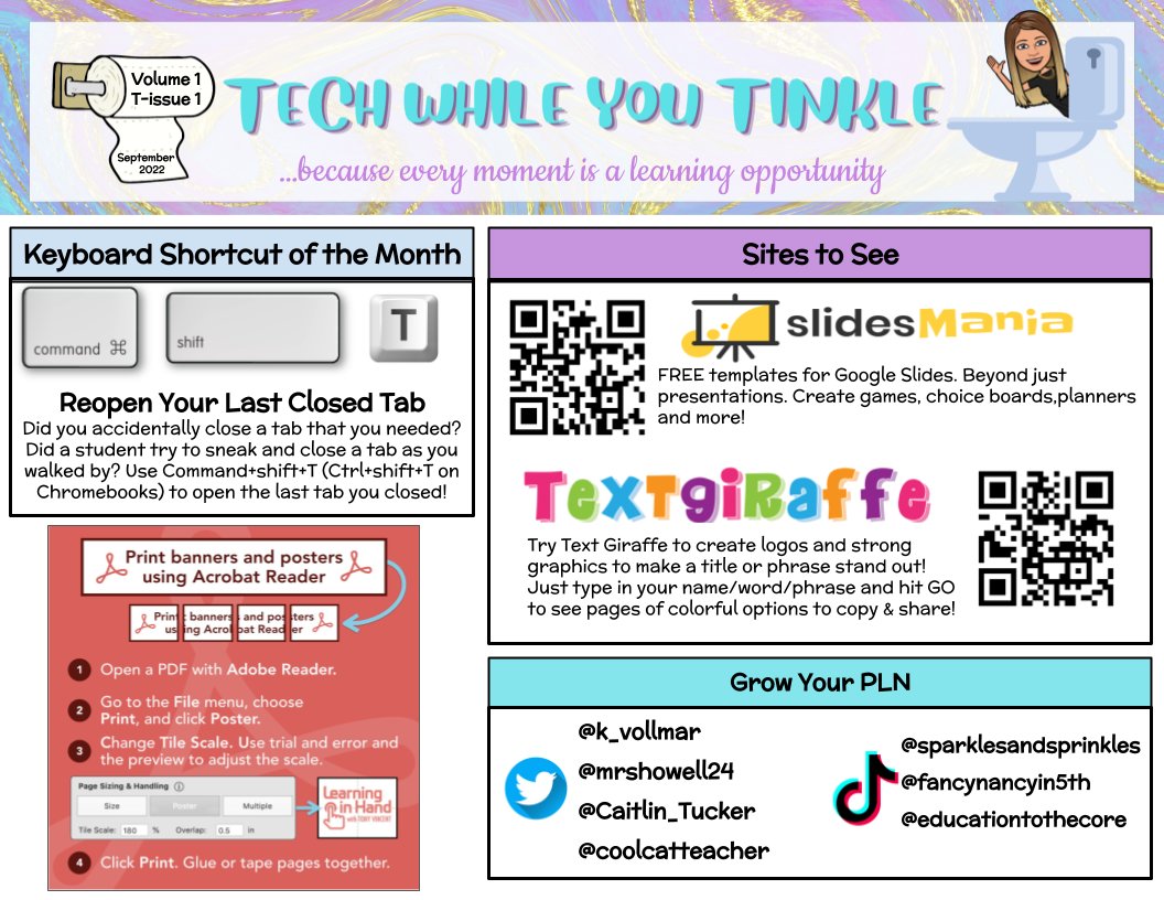 k_vollmar's tweet photo. It's September 1st which means my FIRST #TechWhileYouTinkle as a coach is going up in restrooms! π§» Hopefully my teachers find it helpful! #PottyPD #edtech #PLSDProud https://t.co/lWPMp8ykTm