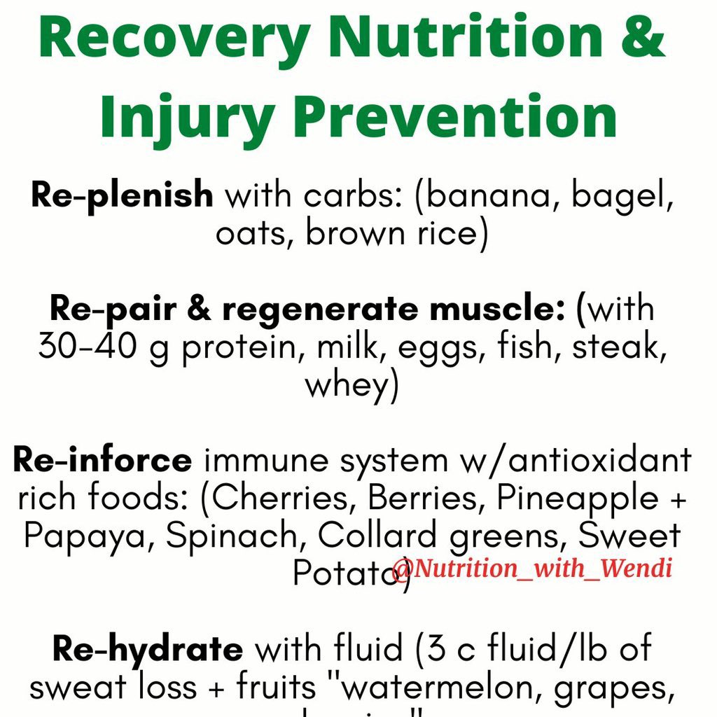 🚨Are your athletes practicing 4'Rs of #recovery ⁉️ 

✅Re-plenish w/carbs (0.5g/lb BW)

✅Re-pair &amp; regenerate muscle w/⬆️ high-quality protein ( 30-40 g)

✅Re-inforce immune system w/antioxidant rich foods (3-5 c daily)

✅Re-hydrate w/fluid (16-24 Oz fluid/lb of sweat lost💦)