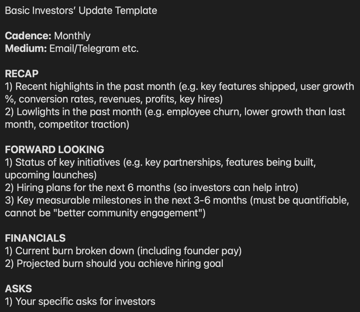 One of the handy skills effective founders use is leveraging their investors.

This comes down to writing good investor updates. 

Here's a template 👇