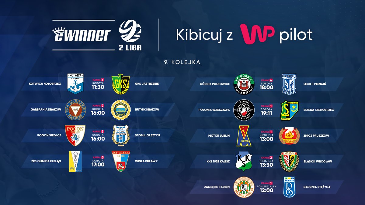 PilotWP_'s tweet photo. Już w ten weekend 9. kolejka @_2liga_ ! ⚽ Tak prezentuje się harmonogram meczów - którego nie możecie doczekać się najbardziej?
Pamiętajcie, że wszystkie mecze są transmitowane na żywo, online w WP Pilot! 👉https://t.co/oZfyNsfhPQ
#tvonline #wppilot https://t.co/a0wnBzKT1E