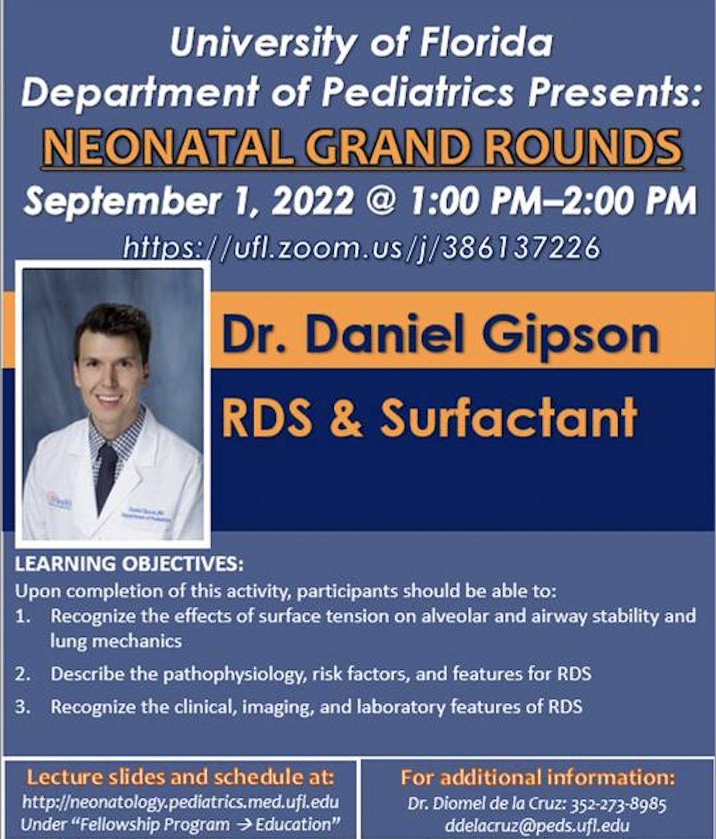 Please join us for UF Neonatal Grand Rounds.

#neotwitter #meded #ufneonatology #ufnicu #nicufellowship