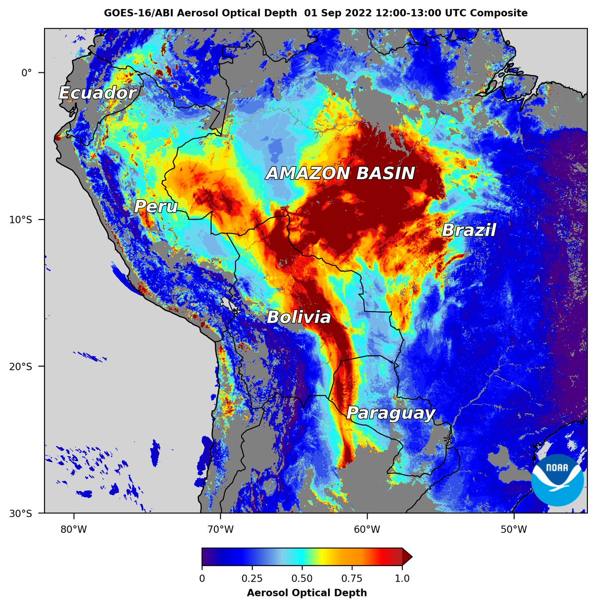 AerosolWatch's tweet photo. Mostly clear skies over #SouthAmerica this morning 1 Sep reveal enormous expanse of thick #smoke (dark red shading) from seasonal #fires in #AmazonBasin, captured by @NOAASatellites #GOES16 #ABI aerosol optical depth 1-hr composite. @metsul @ServirAmazonia @SanGasso @m_parrington https://t.co/vFKBlDahdd