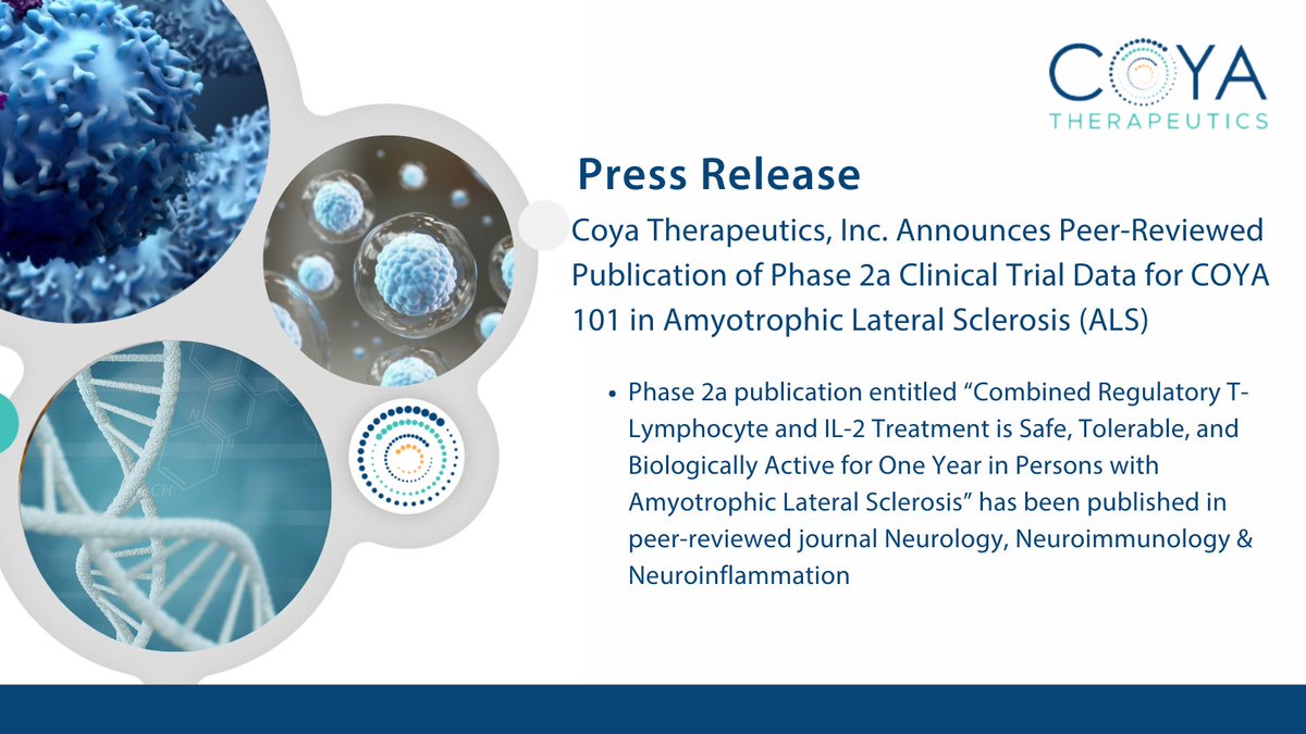Coya Therapeutics, Inc. Announces Peer-Reviewed Publication of Phase 2a Clinical Trial Data for COYA 101 in #AmyotrophicLateralSclerosis (#ALS). 

Read the full news release here: bit.ly/3Q3OY9X #ALSAwareness #Biotech #Neurology #Research #Science #Tcells
