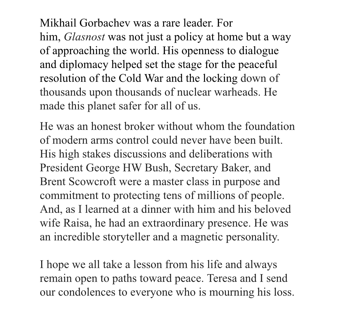 Some thoughts on the passing of Mikhail Gorbachev.