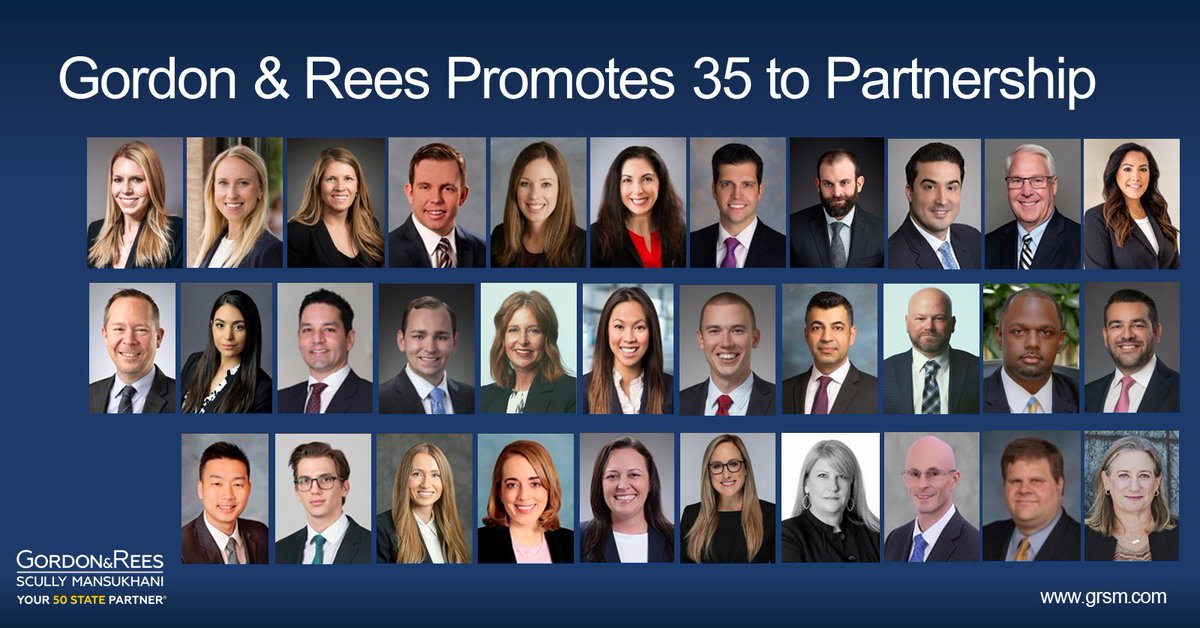 gordonreesllp's tweet photo. Gordon & Rees has elevated 35 attorneys to partnership. Our new partners are positioned to collaborate with our national practice groups to meet the various legal needs of our clients.
Read more:
https://t.co/xuPSxIvPhi
#law #legal #lawfirm #grsm #litigation #lawyers https://t.co/D7lkmExa02