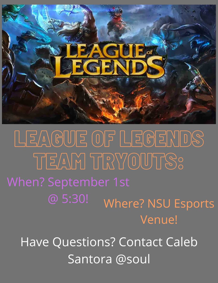 Attention Demons! We have another team tryout today! Come join us for the League of Legends team tryouts today at 5:30!
#nsuesports #nsula #gaming